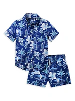 Little Boy's & Boy's Island Hibiscus Button-Down Shirt & Swim Trunks Set