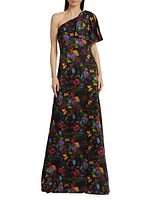 Chelsea Floral Crinkle Georgette One-Shoulder A-Line Gown