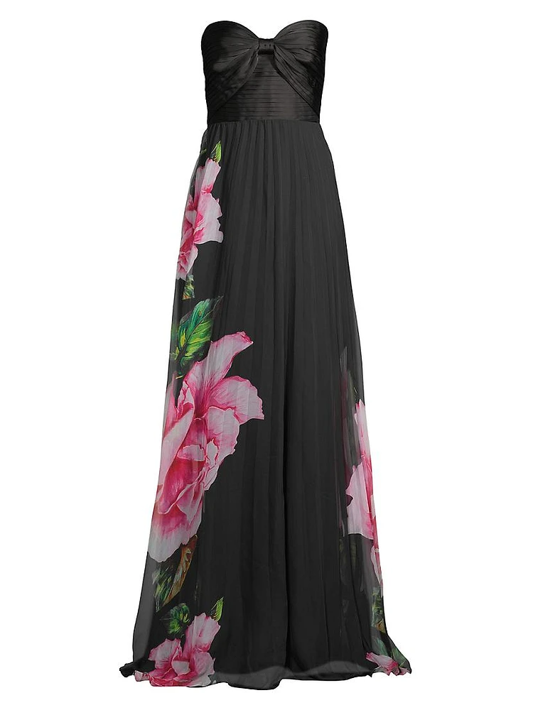 Floral Graphic Pleated Chiffon Strapless Gown