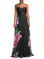 Floral Graphic Pleated Chiffon Strapless Gown