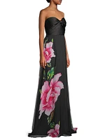 Floral Graphic Pleated Chiffon Strapless Gown