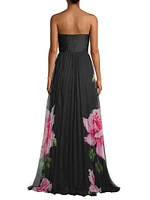 Floral Graphic Pleated Chiffon Strapless Gown