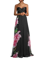 Floral Graphic Pleated Chiffon Strapless Gown