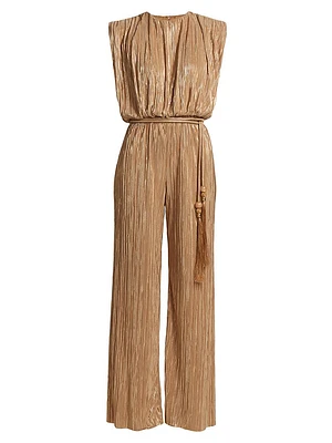 Nectar Metallic Pleated Tie-Waist Sleeveless Jumpsuit