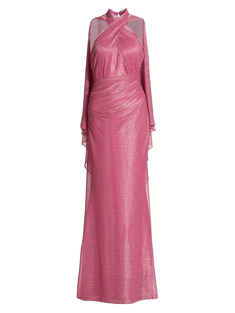 Metallic Voile Halter Cape Gown