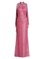 Metallic Voile Halter Cape Gown