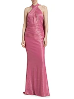 Metallic Voile Halter Cape Gown