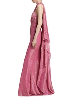 Metallic Voile Halter Cape Gown