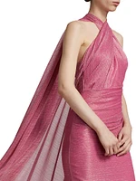 Metallic Voile Halter Cape Gown