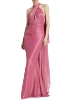 Metallic Voile Halter Cape Gown