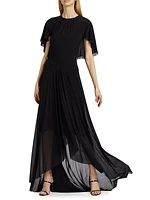 Capelet-Sleeve Stretch Tulle Gown