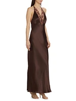 Aries Lace-Trimmed Silk Halterneck Gown