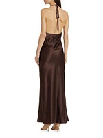 Aries Lace-Trimmed Silk Halterneck Gown