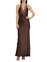 Aries Lace-Trimmed Silk Halterneck Gown