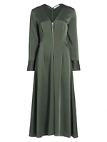 Satin Zip-Front V-Neck Maxi Dress