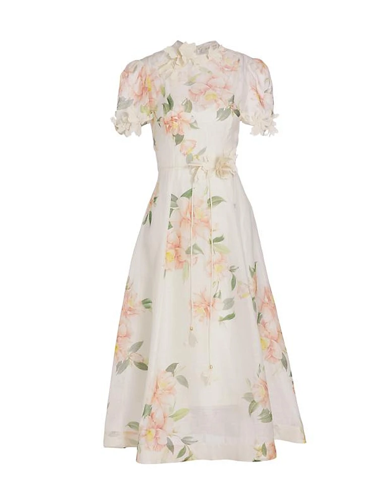 Natura Liftoff Linen-Silk Appliqué Midi-Dress