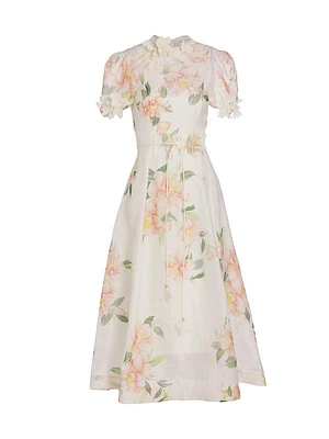 Natura Liftoff Linen-Silk Appliqué Midi-Dress