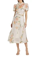 Natura Liftoff Linen-Silk Appliqué Midi-Dress