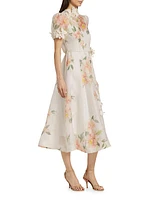 Natura Liftoff Linen-Silk Appliqué Midi-Dress