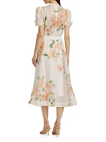 Natura Liftoff Linen-Silk Appliqué Midi-Dress