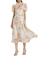 Natura Liftoff Linen-Silk Appliqué Midi-Dress