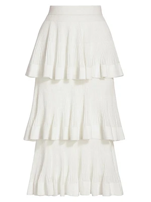 Cotton-Blend Rib-Knit Tiered Midi-Skirt