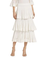 Cotton-Blend Rib-Knit Tiered Midi-Skirt