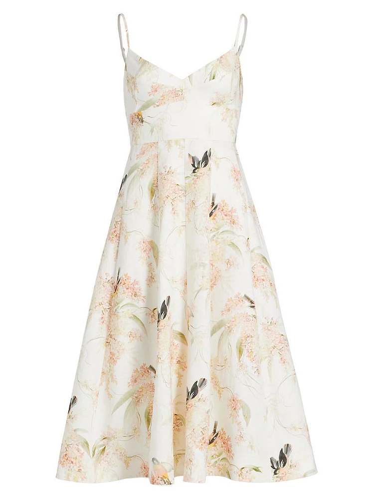 Bird-Print Linen Fit & Flare Midi-Dress