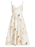 Bird-Print Linen Fit & Flare Midi-Dress