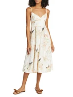 Bird-Print Linen Fit & Flare Midi-Dress