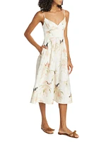 Bird-Print Linen Fit & Flare Midi-Dress