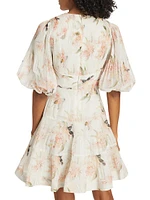 Floral Puff-Sleeve Pleated Minidress