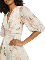 Floral Puff-Sleeve Pleated Minidress