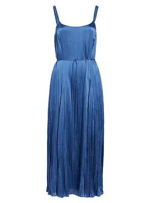 Crushed Satin Pleated Tie-Waist Slip Midi-dress