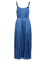 Crushed Satin Pleated Tie-Waist Slip Midi-dress