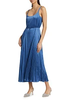 Crushed Satin Pleated Tie-Waist Slip Midi-dress