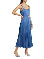 Crushed Satin Pleated Tie-Waist Slip Midi-dress