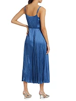 Crushed Satin Pleated Tie-Waist Slip Midi-dress