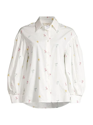 Villar Ditsy Floral Embroidered Blouson-Sleeve Shirt