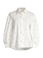 Villar Ditsy Floral Embroidered Blouson-Sleeve Shirt