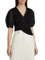 Fallon Cotton-Blend Ribbed Puff-Sleeve Blouse