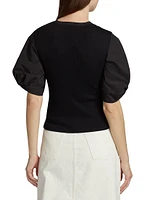 Fallon Cotton-Blend Ribbed Puff-Sleeve Blouse