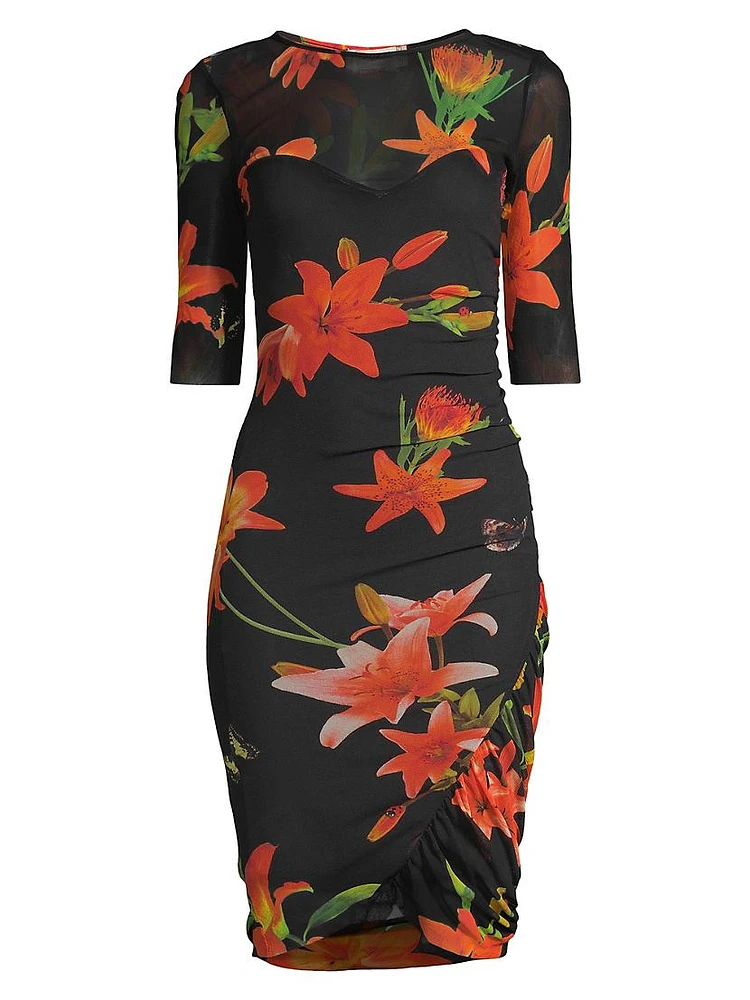 Shadow Mesh Floral Knee-Length Dress