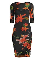 Shadow Mesh Floral Knee-Length Dress