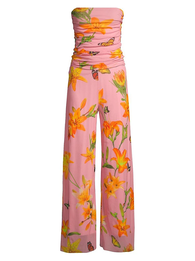 Mesh Floral Strapless Ruched Jumpsuit