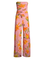 Mesh Floral Strapless Ruched Jumpsuit