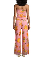 Mesh Floral Strapless Ruched Jumpsuit