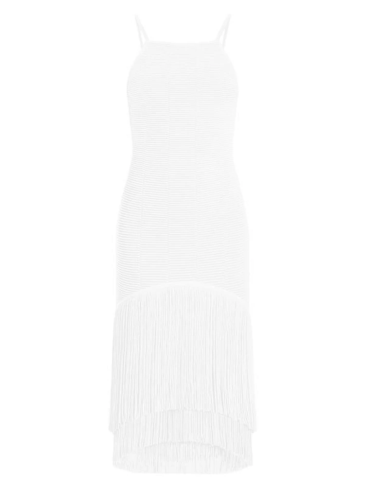 Textured Sleeveless Fringe Midi-Dress