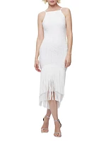 Textured Sleeveless Fringe Midi-Dress