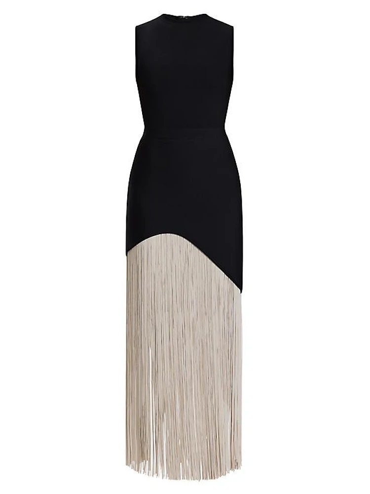 Two-Tone Asymmetric Hem Fringe Gown